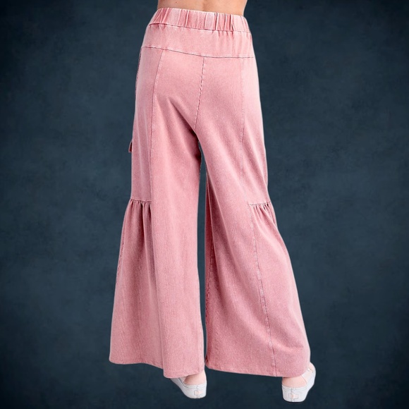 EASEL “Lovin’ It” Cotton Mineral Washed Pants Relax Fit Wide Ruffled Leg Pockets - Picture 11 of 14